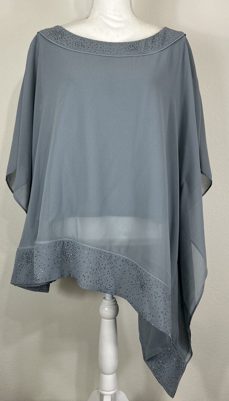 Le Bos Gray Chiffon Poncho Blouse Sequin Trim Asymmetrical Top Size 18/XL